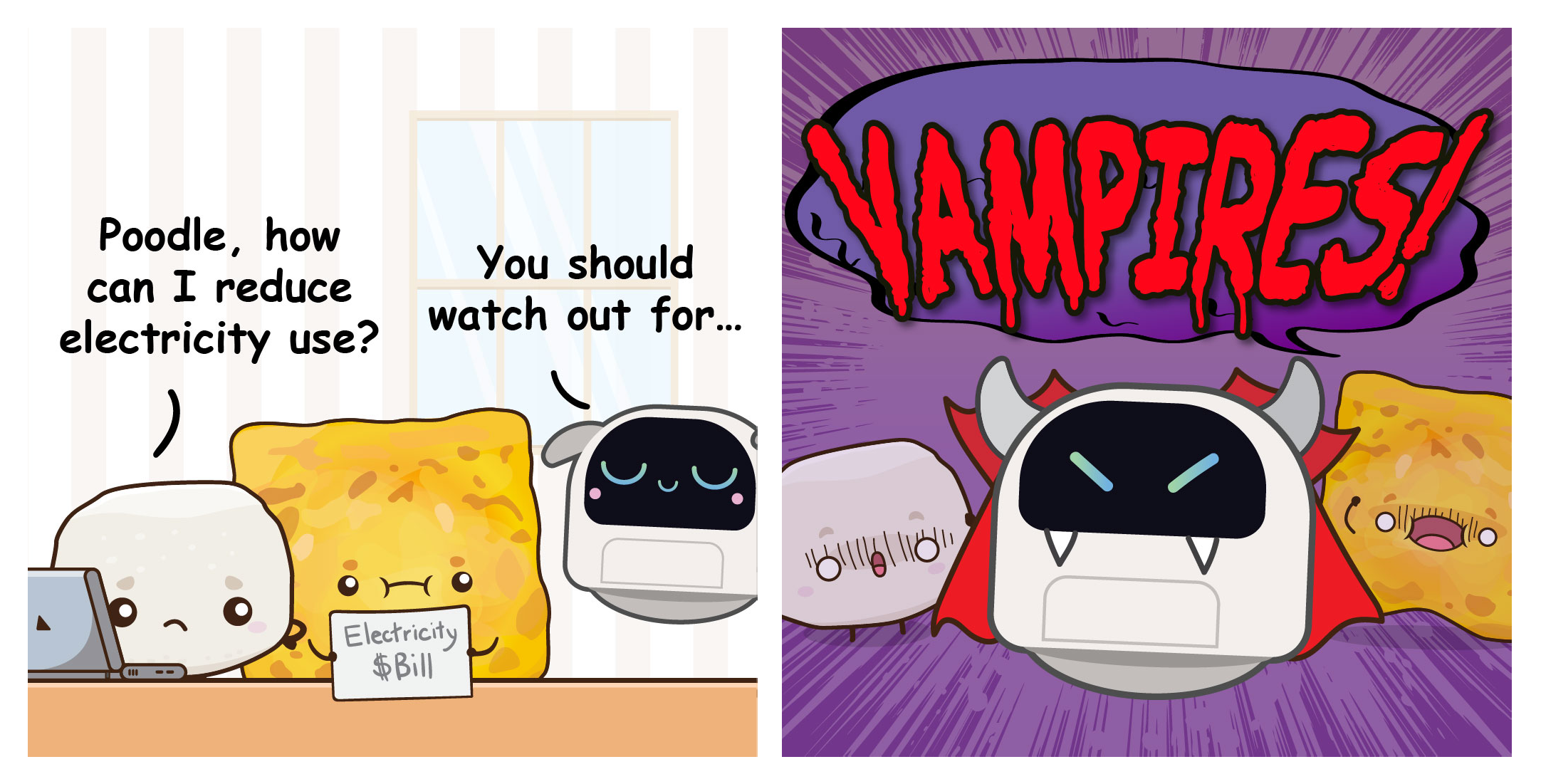 Two-panel comic where Bouncy asks Poodle how to reduce electricity usage, prompting Poodle to dramatically warn about "VAMPIRES!".